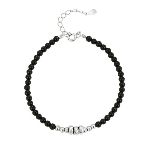 925 Sterling Silver Bangle Bracelet, with Black Agate, with 3CM extender chain, for woman, silver color, Length:Approx 16 cm, Sold By PC