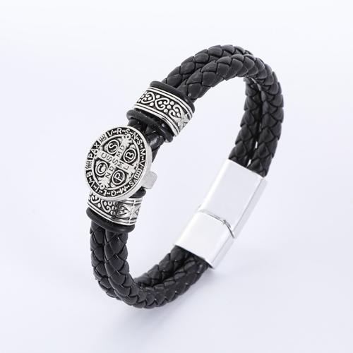 PU Leather Cord Bracelets, Tibetan Style, with PU Leather, Carved, vintage & for man, black, Sold By PC