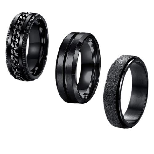 Titanium Steel Ring Set, three pieces & rotatable & Unisex & different size for choice, black, US Ring Size:6-13, Sold By Set