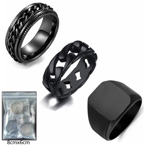 Titanium Steel Ring Set, plated, three pieces & rotatable & different size for choice & for man, black, US Ring Size:7-13, Sold By Set