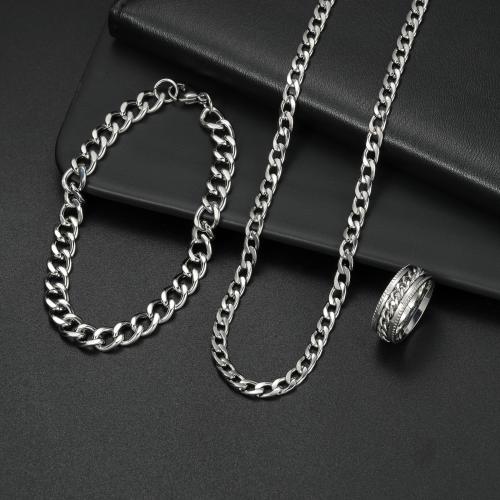 Titanium Steel Jewelry Set, finger ring & bracelet & necklace, three pieces & for man, original color, US Ring Size:9, Sold By Set