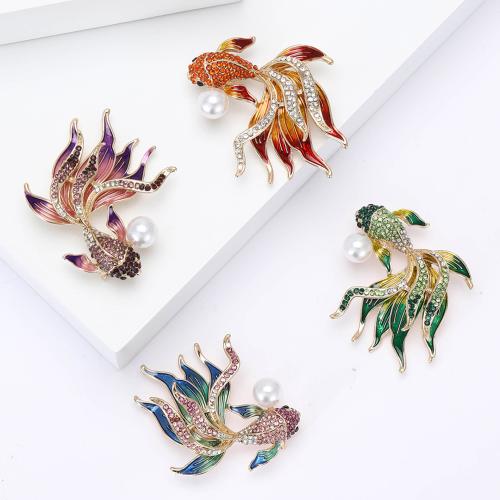 Tibetan Style Brooches, with Plastic Pearl, Fish, plated, for woman & with rhinestone, more colors for choice, nickel, lead & cadmium free, Sold By PC