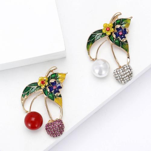 Tibetan Style Brooches, Cherry, gold color plated, for woman & enamel & with rhinestone, more colors for choice, nickel, lead & cadmium free, Sold By PC