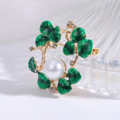 Tibetan Style Brooches, with Plastic Pearl, Leaf, gold color plated, for woman & enamel & with rhinestone, nickel, lead & cadmium free, Sold By PC