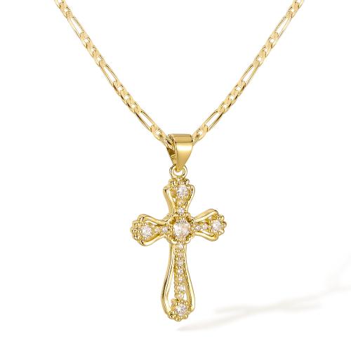 Brass Necklace, with Cubic Zirconia, with 55mm extender chain, Cross, 14K gold plated, fashion jewelry & for woman & hollow, Length:505 mm, Sold By PC