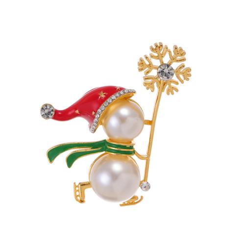 Broches de Navidad, aleación de zinc, con Perlas plásticas, Hombre de Nieve, 18K chapado en oro, Diseño de Navidad & unisexo & esmalte & con diamantes de imitación, Vendido por UD