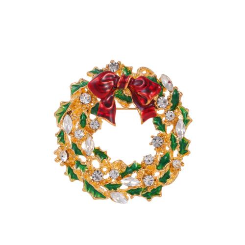 Christmas Brooches, Tibetan Style, Christmas Wreath, 18K gold plated, Christmas Design & Unisex & enamel & with rhinestone, Sold By PC