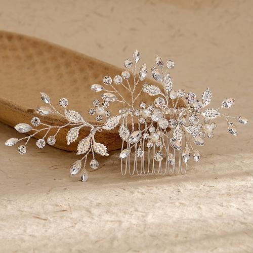 Decorative Hair Combs, Tibetan Style, with brass wire & Plastic Pearl, for bridal & with rhinestone, silver color, 120x85mm, Sold By PC