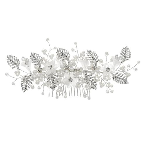 Decorative Hair Combs, Iron, with brass wire & Plastic Pearl, for bridal & with rhinestone, silver color, 175x85mm, Sold By PC