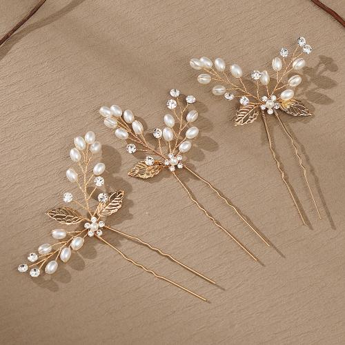 Hair Stick, Tibetan Style, with brass wire & Plastic Pearl, for bridal & with rhinestone, golden, 100x50mm, 3PCs/Bag, Sold By Bag