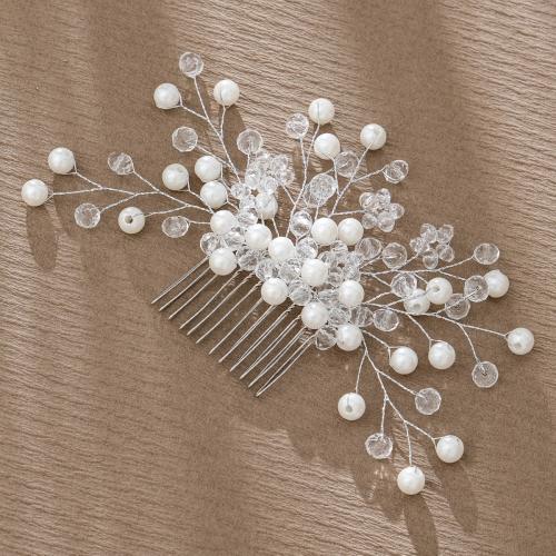 Decorative Hair Combs, Iron, with brass wire & Plastic Pearl, for bridal & different styles for choice, silver color, Sold By PC