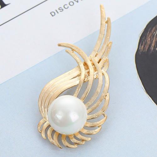 Tibetan Style Brooches, with Plastic Pearl, Wing Shape, for woman, golden, 66x30mm, Sold By PC