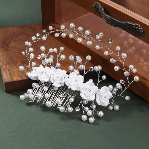 Decorative Hair Combs, Tibetan Style, with brass wire & Plastic Pearl & Acrylic, for bridal, silver color, 295x60mm, Sold By PC