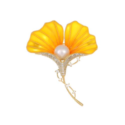 Tibetan Style Brooches, with Plastic Pearl, Ginkgo Leaf, for woman & with rhinestone, more colors for choice, 56x43mm, Sold By PC