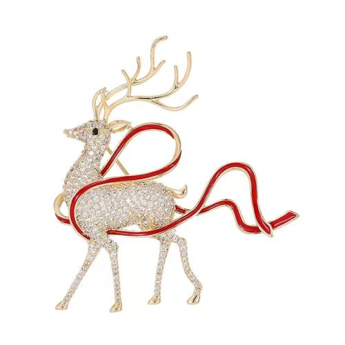 Christmas Brooches, Tibetan Style, Christmas Reindeer, Christmas Design & for woman & enamel & with rhinestone, golden, 50x51mm, Sold By PC