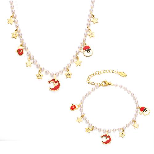 Fashion Stainless Steel Jewelry Sets, 304 Stainless Steel, with Plastic Pearl, with 5cm extender chain, Christmas Design & different styles for choice & for woman, golden, Length:40 cm, 16 cm, Sold By PC