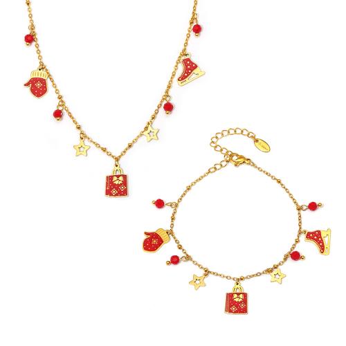 Enamel Stainless Steel Jewelry Set, 304 Stainless Steel, with Garnet, with 5cm extender chain, 18K gold plated, Christmas Design & different styles for choice & for woman, golden, Length:42 cm, 17 cm, Sold By PC