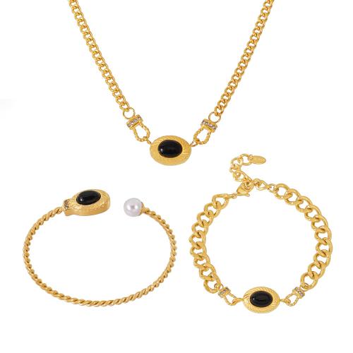 Parures de bijoux en acier inoxydable, Acier inoxydable 304, avec agate noire, Plaqué or 18K, bijoux de mode & styles différents pour le choix & pour femme & avec strass, doré, Vendu par PC