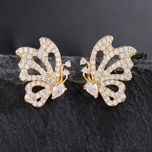 Boucles d'oreilles en laiton zircon cubique pavent, papillon, bijoux de mode & pavé de micro zircon & pour femme, plus de couleurs à choisir, 18x14mm, Vendu par paire