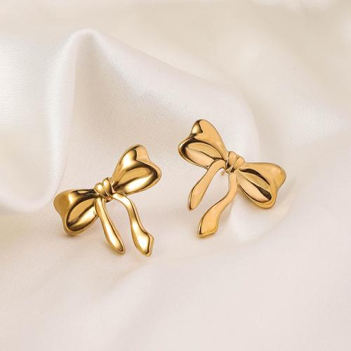 Stainless Steel Stud Earrings, 304 Stainless Steel, Bowknot, 18K gold plated, fashion jewelry & for woman, golden, 24x25mm, Sold By Pair