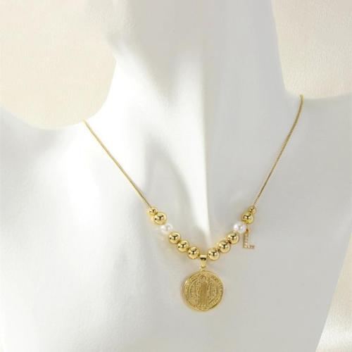 Brass Necklace, with Plastic Pearl, Round, gold color plated, for woman, nickel, lead & cadmium free, Length:40 cm, Sold By PC