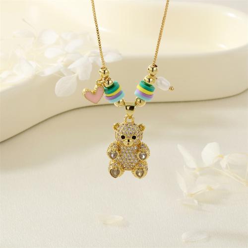 Cubic Zircon Micro Pave Brass Necklace, with Polymer Clay, Bear, gold color plated, micro pave cubic zirconia & for woman & enamel, nickel, lead & cadmium free, Sold By PC