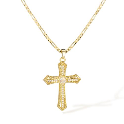 Brass Necklace, with Cubic Zirconia, with 55mm extender chain, Cross, 14K gold plated, fashion jewelry & for woman, Length:505 mm, Sold By PC