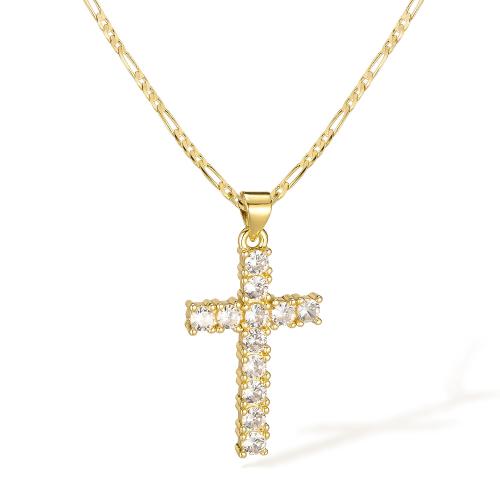 Brass Necklace, with Cubic Zirconia, with 55mm extender chain, Cross, 14K gold-filled, fashion jewelry & for woman, Length:505 mm, Sold By PC