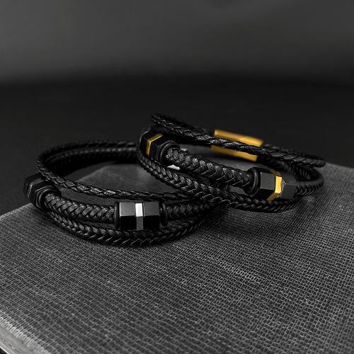 Pulseras de Cordón de PU, Cuero de PU, con acero inoxidable 304, hecho a mano, tres capas & Joyería & para hombre, más colores para la opción, longitud:205 mm, Vendido por UD