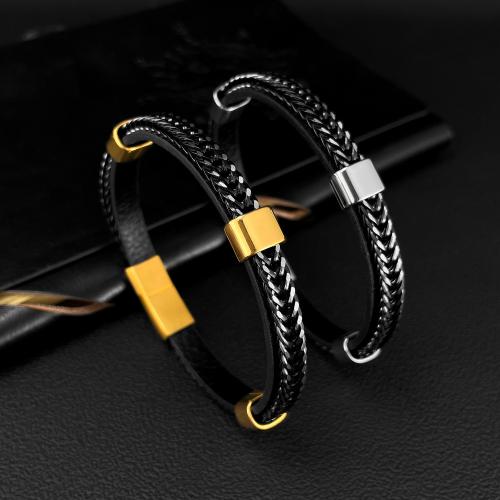 PU Leather Cord Bracelets, Fiber, with 304 Stainless Steel, handmade, Double Layer & fashion jewelry & for man, more colors for choice, Length:210 mm, Sold By PC