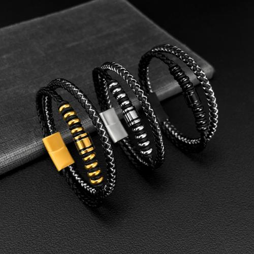 Pulseras de Cordón de PU, Fibra, con acero inoxidable 304, hecho a mano, Doble capa & Joyería & para hombre, más colores para la opción, longitud:210 mm, Vendido por UD