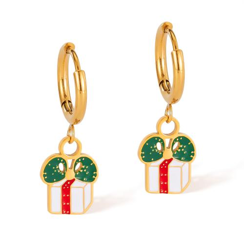 Christmas Earrings, 304 Stainless Steel, gift shape, plated, fashion jewelry & for woman & enamel, golden, Sold By Pair