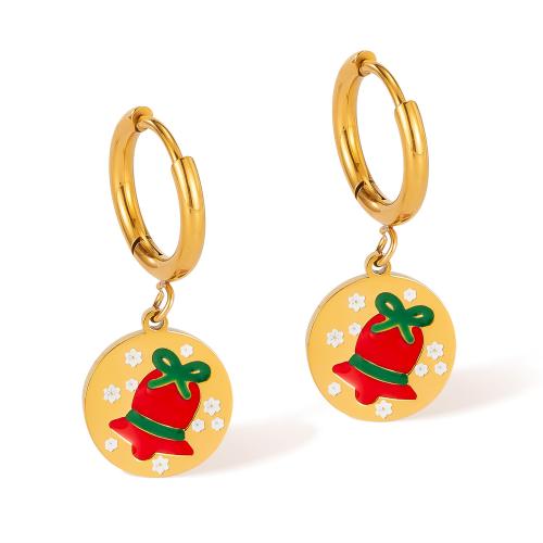 Christmas Earrings, 304 Stainless Steel, Round, plated, Christmas Design & for woman & enamel, golden, Sold By Pair