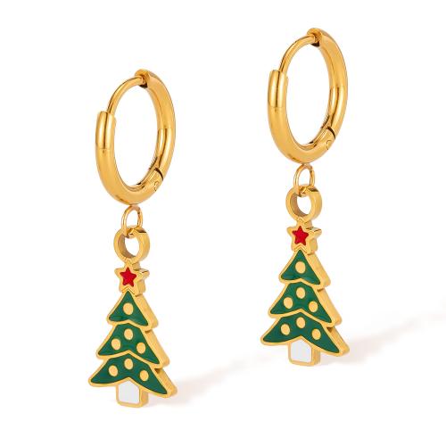 Pendientes de Navidad, acero inoxidable 304, Árbol de Navidad, chapado, Diseño de Navidad & para mujer & esmalte, dorado, Vendido por Par