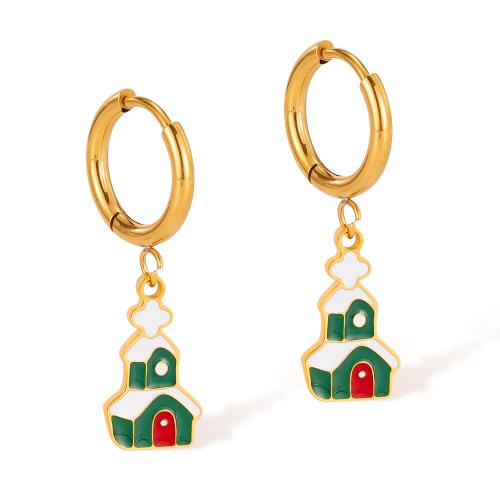 Pendientes de Navidad, acero inoxidable 304, chapado, Diseño de Navidad & para mujer & esmalte, dorado, Vendido por Par