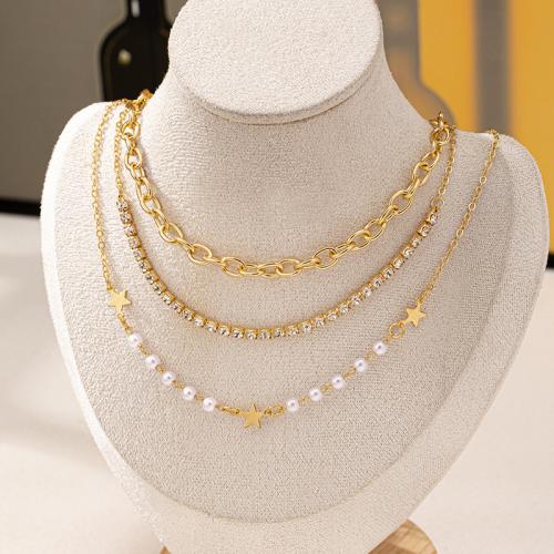 Tibetan Style Jewelry Necklace, with Plastic Pearl, plated, three pieces & micro pave cubic zirconia & for woman, gold, Sold By Set