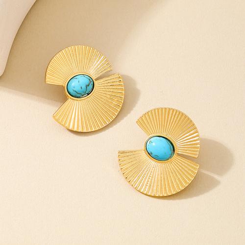 Tibetan Style Stud Earring, with turquoise, plated, for woman, gold, Sold By Pair