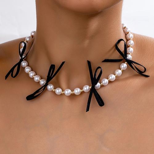 Tibetan Style Jewelry Necklace, with Polyester & Plastic Pearl, Bowknot, plated, for woman, gold, Sold By PC