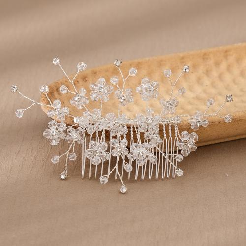 Decorative Hair Combs, Iron, with brass wire & Crystal, for bridal & with rhinestone, silver color, 127x78mm, Sold By PC