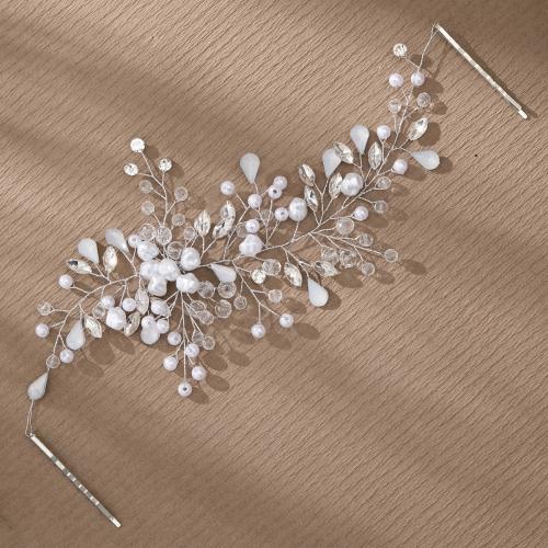 Headband, Plastic Pearl, with brass wire & Acrylic, for bridal & with rhinestone, silver color, 275x115mm, Sold By PC