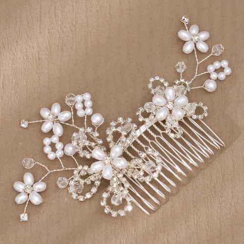 Decorative Hair Combs, Iron, with brass wire & Crystal & Plastic Pearl, for bridal & with rhinestone, silver color, 130x76mm, Sold By PC