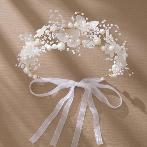 Headband, Plastic Pearl, with brass wire, for bridal, golden, 375x95mm, Sold By PC