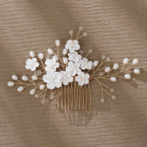 Decorative Hair Combs, Iron, with brass wire & Polymer Clay & Plastic Pearl & Acrylic, for bridal, golden, 145x90mm, Sold By PC