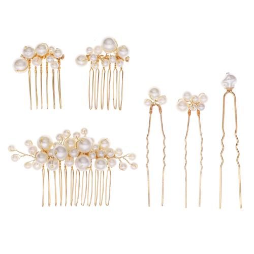 Mixed Hair Accessories, Iron, with brass wire & Plastic Pearl, 6 pieces & for bridal, golden, Sold By Set