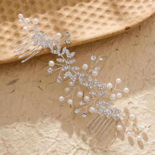 Decorative Hair Combs, Iron, with brass wire & Plastic Pearl, for bridal & with rhinestone, silver color, 180x75mm, Sold By PC