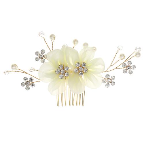 Decorative Hair Combs, Iron, with brass wire & Cloth & Plastic Pearl & Acrylic, for bridal & with rhinestone, golden, 130x70mm, Sold By PC