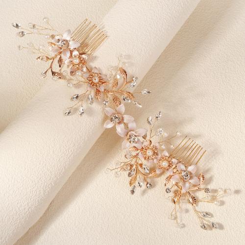 Decorative Hair Combs, Iron, with brass wire & Rhinestone & Plastic Pearl & Tibetan Style & Acrylic, for bridal, golden, 260x75mm, Sold By PC