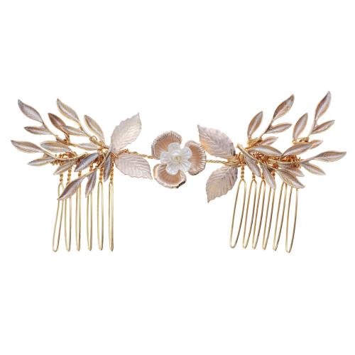 Decorative Hair Combs, Iron, with Plastic Pearl & Tibetan Style, for bridal, golden, 120x60mm, Sold By PC