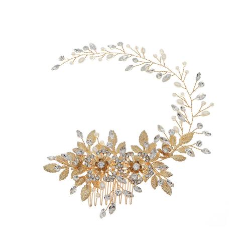 Diadema, aleación de zinc, con Perlas plásticas, para novia & con diamantes de imitación, dorado, Vendido por UD