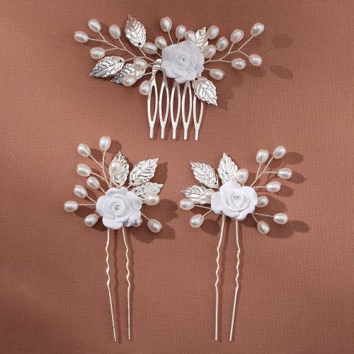 Mixed Hair Accessories, Iron, with brass wire & Polymer Clay & Plastic Pearl, three pieces & for bridal & with rhinestone, silver color, Sold By Set